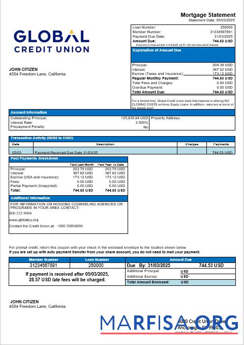 Downloadable USA Alaska Global Credit Union bank mortgage statement in Word and PDF formats example